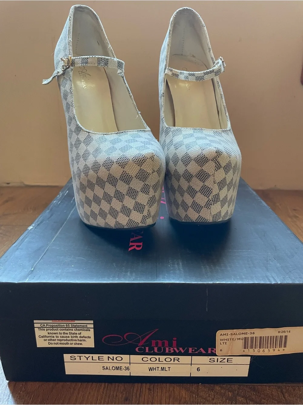 Ami Check-Print Mary Jane Platform Heels in White and Gray